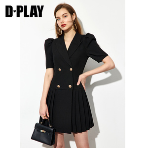 DPLAY德帕拉春季新款黑色复古学院气质西装连衣裙减龄百褶裙
