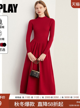 DPLAY【惠品】2025年冬季气质长裙红色连衣裙女长款针织裙子长袖