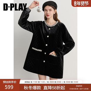 DPLAY2025年冬季新款黑色丝绒棉服外套女圆领闪钻气质好看上衣
