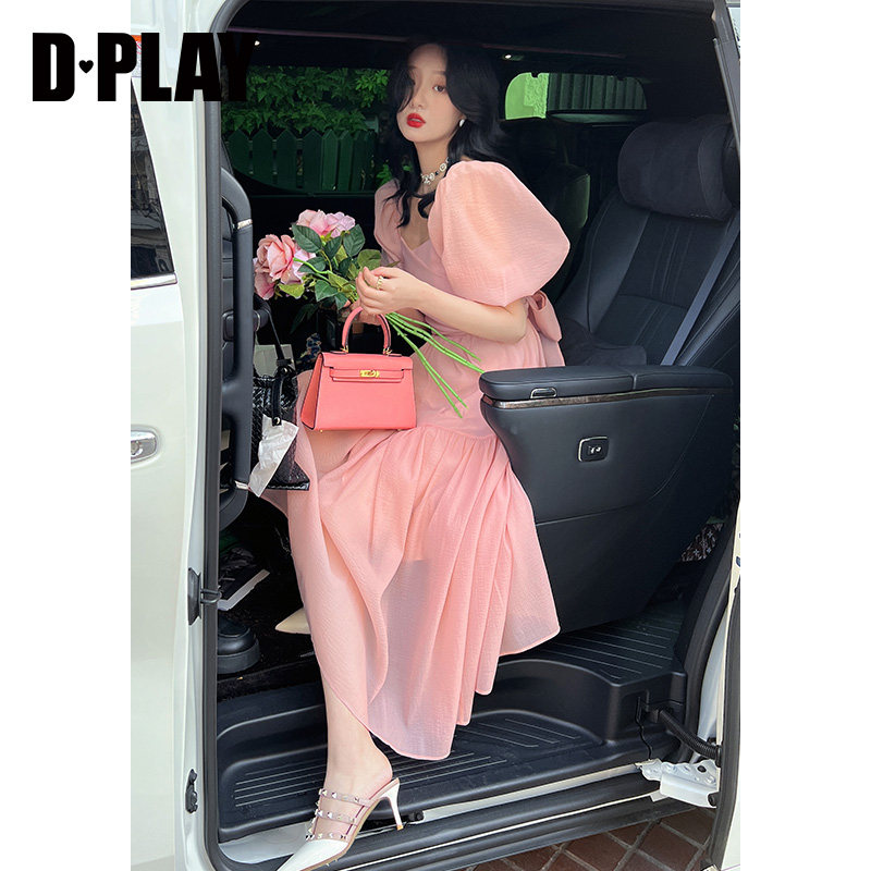 DPLAY夏新款ins温柔山茶粉色高腰蓬蓬大摆短袖连衣裙