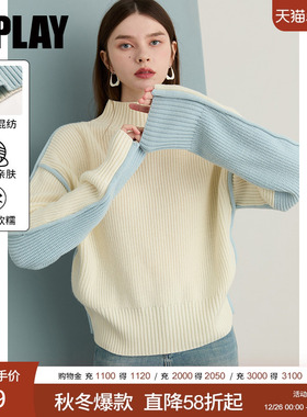 DPLAY2026年春季新款蓝色毛衣女宽松拼色撞色长袖上衣羊毛针织衫
