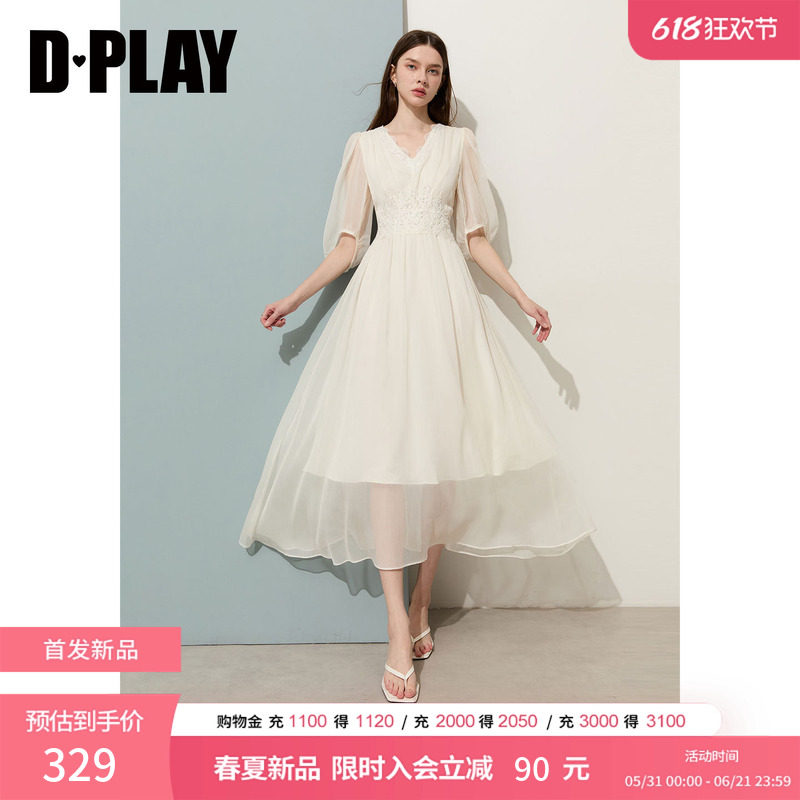DPLAY白色雪纺连衣裙2026年夏季新款拼接蕾丝温柔长裙短袖裙子女
