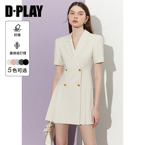 DPLAY夏季新款白色西装连衣裙女短袖西装裙百褶裙气质裙子