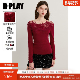 DPLAY2025年冬季新款红色针织衫女拼接蕾丝修身一字肩羊毛上衣