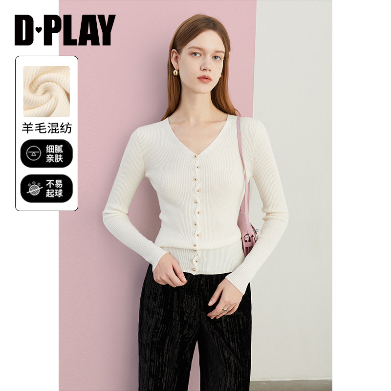 DPLAY秋季气质通勤白色V领修身羊毛衫针织开衫女上衣,女装/女士精品,毛针织衫,淘宝优惠券,粉丝福利购,淘宝优惠卷