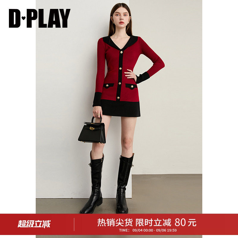 DPLAY秋季新款红色连衣裙女V领收腰好看短款针织长袖裙子图片