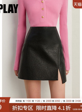 DPLAY黑色皮裙半身裙女短裙皮裙小黑裙开叉A字裙pu裙带裤里