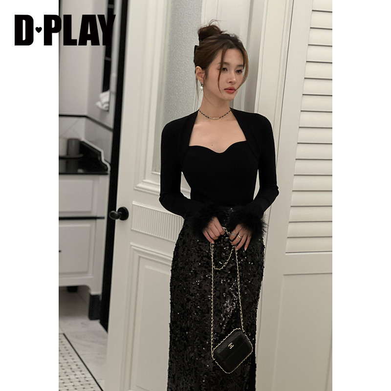 DPLAY秋季名媛黑色美背宫廷领氛围感羽毛拼接内搭针织衫上衣女