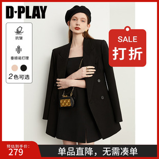 DPLAY2025春季 女宽松双排扣外套上衣 新款 气质ins风黑色西装