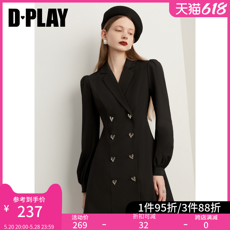 DPLAY春装设计感黑色爱心双排扣小个子宝藏长袖西装连衣裙裙子女