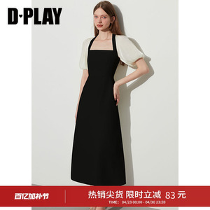 DPLAY夏方领连衣裙鎏光纱拼接泡泡袖气质小黑裙连衣裙长裙女