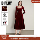 DPLAY2025年冬季 红色丝绒连衣裙女闪钻设计优雅小礼服裙子 新款