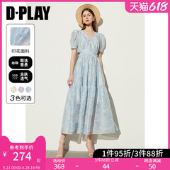 DPLAY2024夏季蓝色印花V领泡泡袖雪纺连衣裙海边沙滩裙长裙女裙子