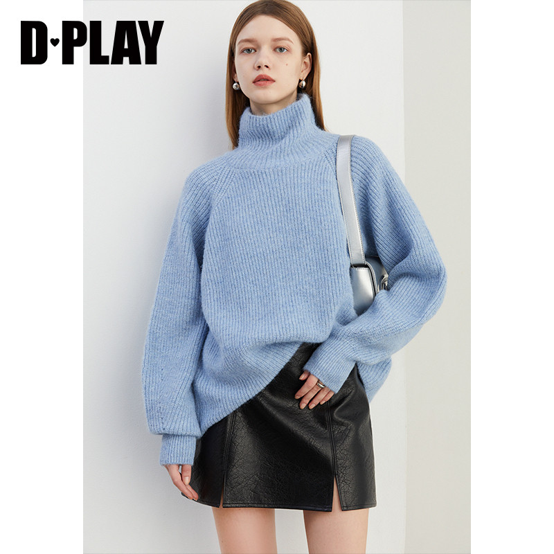 DPLAY秋季蓝色毛衣高领毛衣软糯慵懒感厚毛衣羊毛混纺上衣女