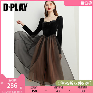 公主裙晚礼服 DPLAY秋冬连衣裙赫本风丝绒连衣裙黑色礼服裙冬季