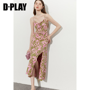 DPLAY夏新度假粉调剪影开衩印花连衣裙荡领沙滩裙吊带裙