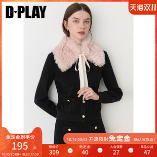 DPLAY黑色圆领小香风针织开衫女金属纽扣长袖上衣2026冬季新款