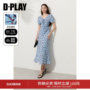 气质长裙2026年夏季 蓝色印花连衣裙女泡泡袖 度假系列 DPLAY