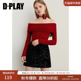 红色t恤女一字肩露肩花朵飘带上衣 2025年秋季 DPLAY 惠品