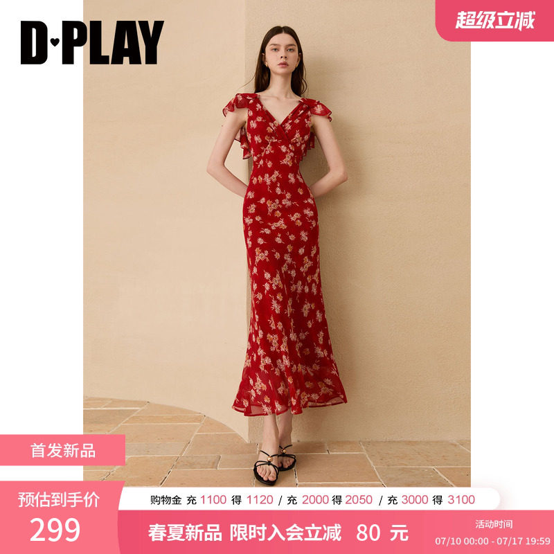 DPLAY【度假系列】V领不规则双层荷叶袖红色印花连衣裙2026夏季