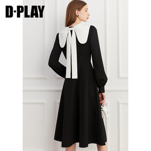 DPLAY秋装新法式优雅泡泡灯笼袖后背立体蝴蝶结长款连衣裙