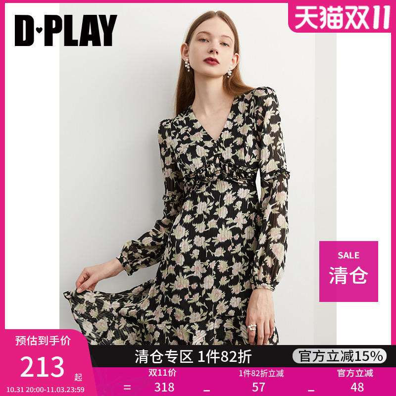 DPLAY德帕拉早秋装新款黑底粉花气质V领荷叶摆长袖雪纺连衣裙