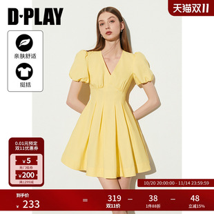 分割抽褶短裙连衣裙女裙子 v领黄色短袖 DPLAY夏季 气质法式