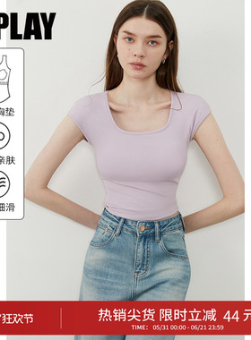 DPLAY紫色短袖t恤含胸垫修身女短款上衣法式方领辣妹穿搭夏季新款
