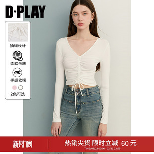 简约独特时尚 新款 长袖 女2026年春季 小衫 DPLAY白色V领抽绳T恤衫