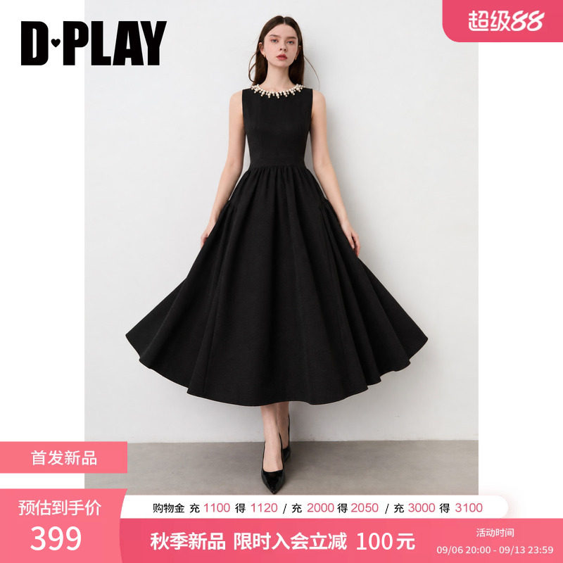DPLAY黑色圆领连衣裙女2026秋季新款气质大摆亮丝无袖礼服长裙