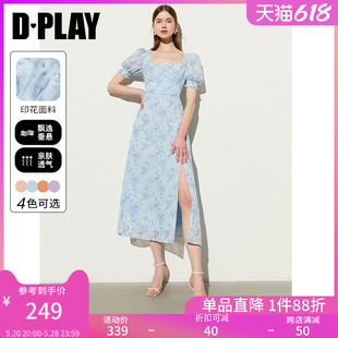 法式 方领泡泡袖 新款 DPLAY2024夏季 蓝色印花裙慵懒度假风连衣裙女