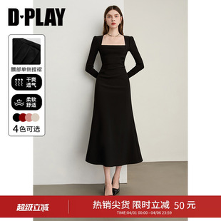 DPLAY2026春季 黑色法式 方领连衣裙长袖 气质礼服小黑裙鱼尾裙 新款