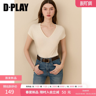 上衣2026年夏季 宽松高级短袖 莱赛尔白色T恤女大v领小衫 DPLAY新款