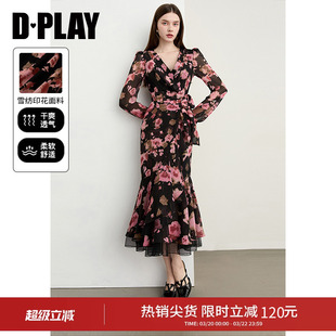 DPLAY2026年春季新款黑色连衣裙女长款气质法式长袖雪纺印花裙子