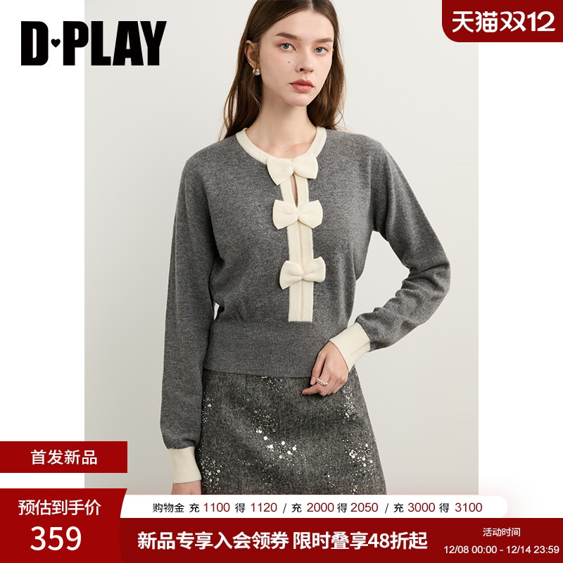 DPLAY2025年冬季新款灰色针织衫女蝴蝶结100绵羊毛好看上衣