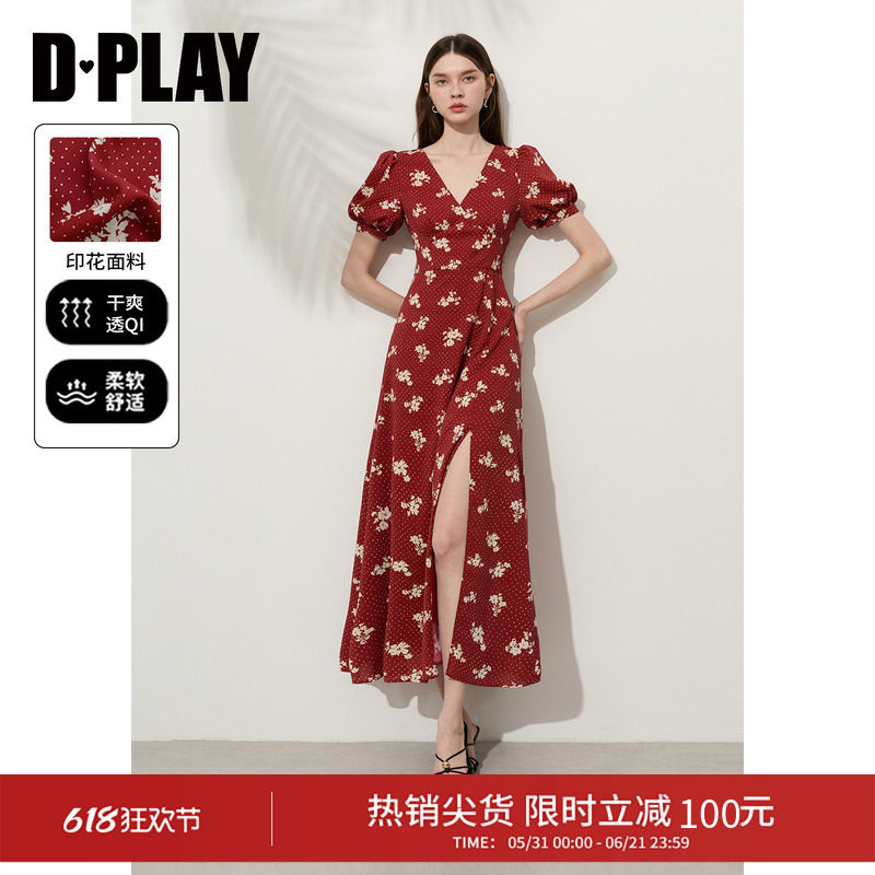 DPLAY【法式茶歇系列】红色印花连衣裙法式泡泡袖裙子2026年夏季