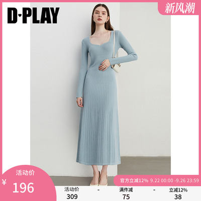 dplay方领法式针织连衣裙