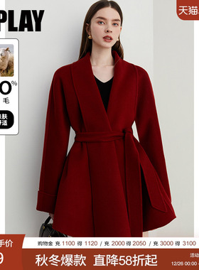 DPLAY2025冬季新款法式100羊毛红色大衣羊毛双面呢子外套新年女