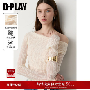 DPLAY米白色针织上衣女斜肩荡领抽褶不对称长袖雪纺衫2026秋季