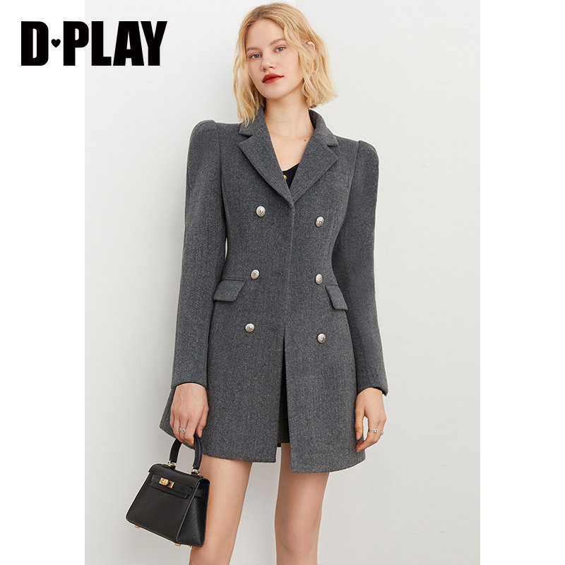 DPLAY2023冬法式灰色泡泡袖BF风收腰小个子西装外套大衣女