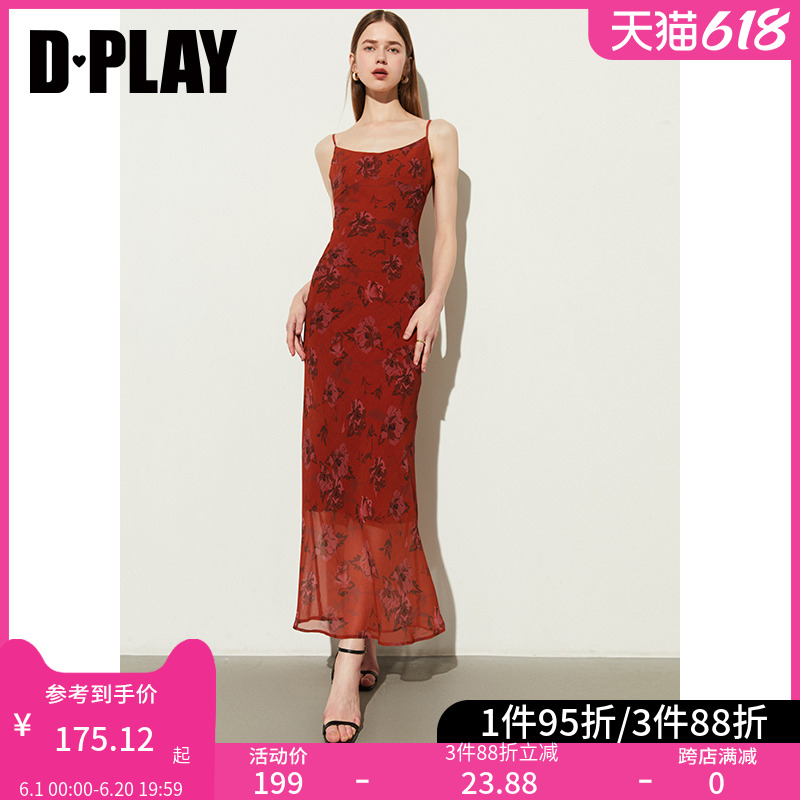 DPLAY2024夏季新款海边度假红色印花修身长裙吊带裙连衣裙女裙子