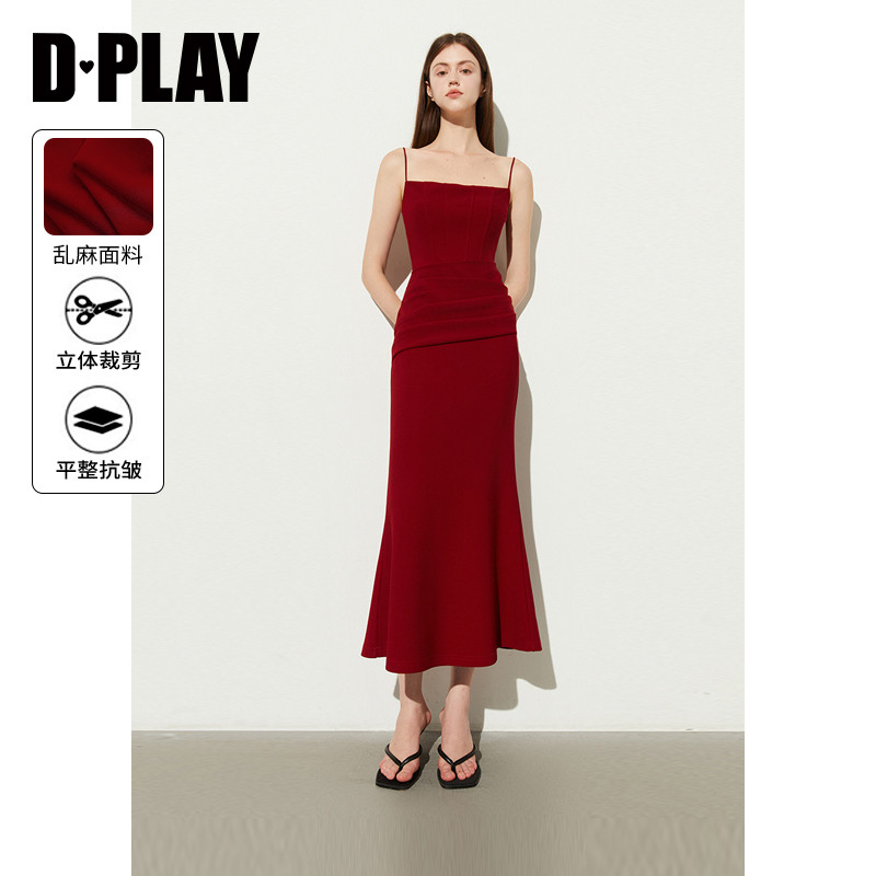 DPLAY秋季法式鱼尾裙红色连衣裙女订婚裙吊带裙礼服裙长裙