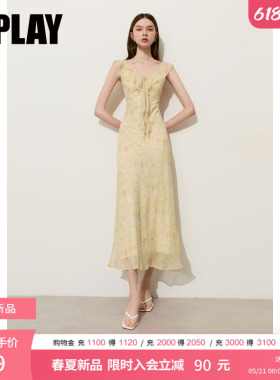 DPLAY黄色印花拼接荷叶边系带法式度假连衣裙2026年夏季新款女
