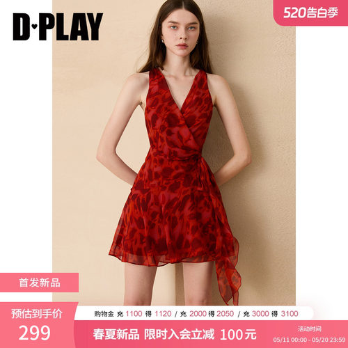 DPLAY红色印花V领无袖连衣裙法式度假茶歇裙2026夏季新款裙子