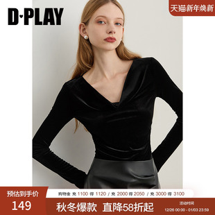 长袖 DPLAY2025年秋季 打底衫 黑色t恤女独特露肩修身 斜肩上衣 新款