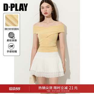DPLAY2026年夏季新款黄色T恤衫短袖小衫交叉一字肩独特上衣女