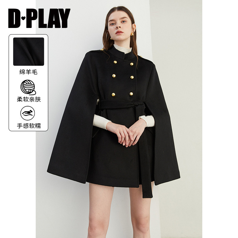 DPLAY年冬季冬气质黑色双排扣毛呢外套小立领斗篷大衣女