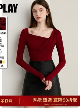 DPLAY2025年秋季新款红色设计感领口T恤女优雅气质温柔长袖上衣