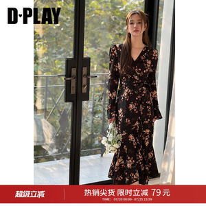 DPLAY秋季法式茶歇裙碎花连衣裙V领长袖连衣裙印花裙鱼尾长裙