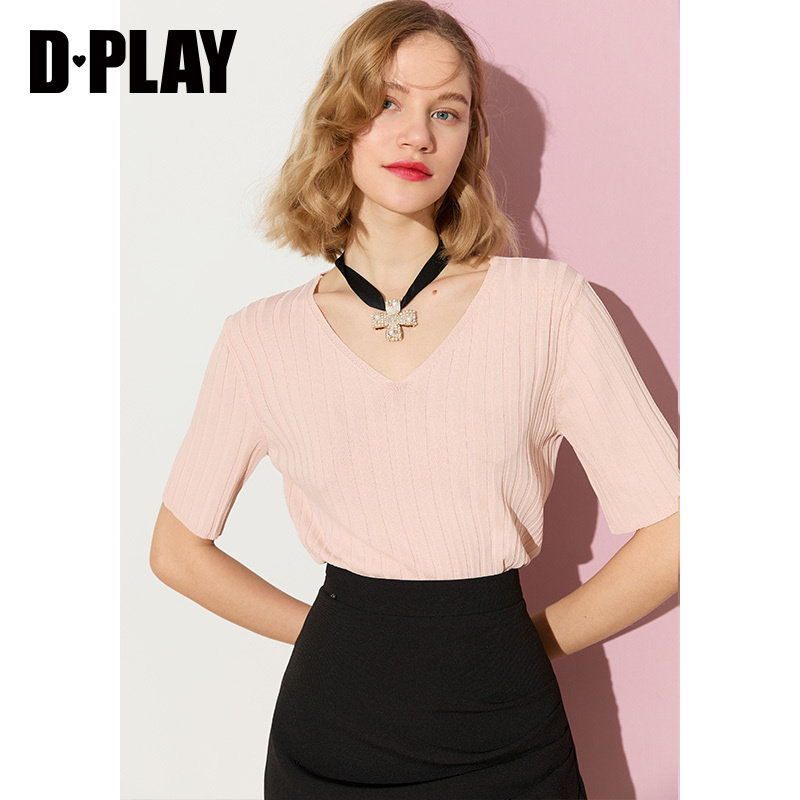 DPLAY【惠品】夏新款简约时尚宽松V领裸粉色冰爽针织T恤衫